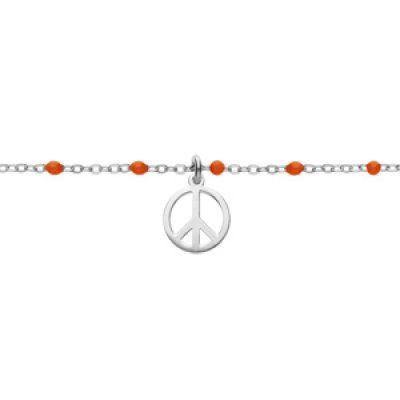 Bracelet en argent rhodié chaîne avec boules couleur rouge motif peace and love 15+3cm