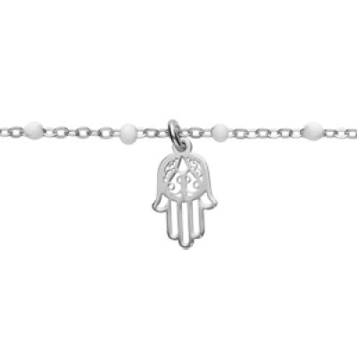 Bracelet en argent rhodié chaîne avec boules couleur blanche avec main de Fatma 15+3cm