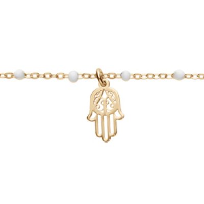Bracelet en argent et dorure jaune chaîne avec boules couleur blanche avec main de Fatma 15+3cm