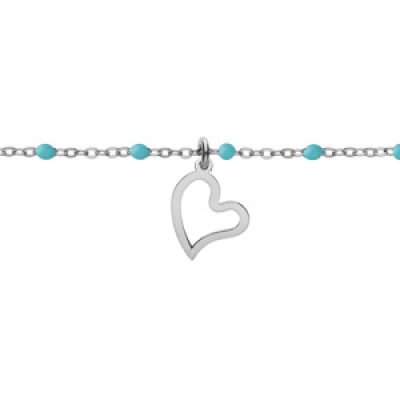 Bracelet en argent rhodié chaîne avec boules couleur turquoise avec pampille coeur 15+3cm