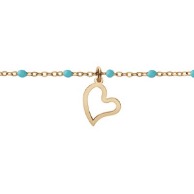 Bracelet en argent et dorure jaune chaîne avec boules couleur turquoise avec pampille coeur 15+3cm