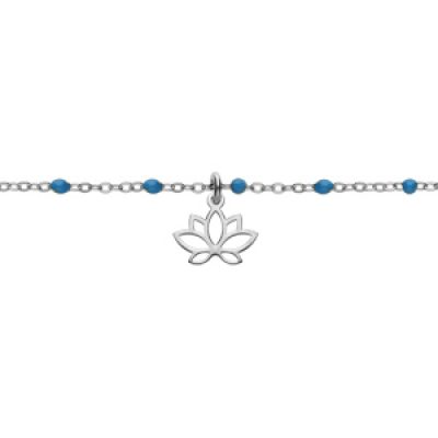 Bracelet en argent rhodié chaîne avec boules couleur bleu et pampille fleur de lotus 15+3cm