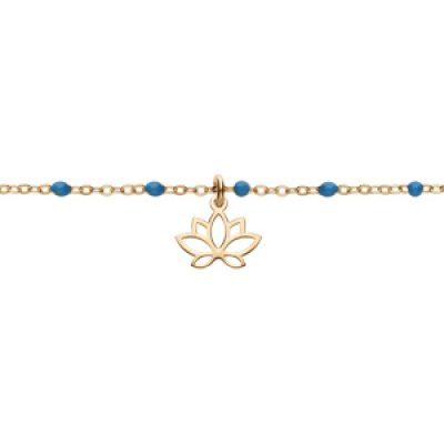 Bracelet en argent et dorure jaune chaîne avec boules couleur bleu et pampille fleur de lotus 15+3cm