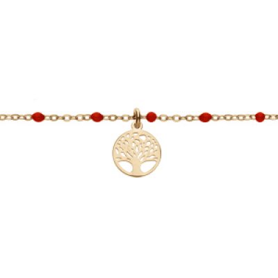 Bracelet en argent et dorure jaune chaîne avec boules couleur rouge et pampille arbre de vie 15+3cm
