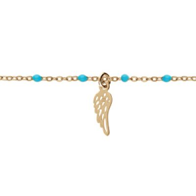 Bracelet en argent et dorure jaune chaîne avec boules couleur turquoise et pampille plume 15+3cm
