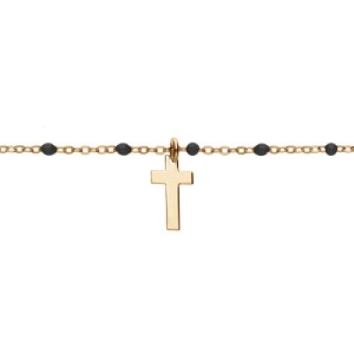 Bracelet en argent et dorure jaune chaîne avec boules couleur noire et pampille croix 15+3cm