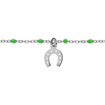 Bracelet en argent rhodié chaîne avec boules couleur verte et pampille fer à cheval 15+3cm