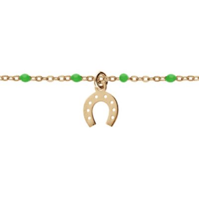 Bracelet en argent et dorure jaune chaîne avec boules couleur verte et pampille fer à cheval 15+3cm