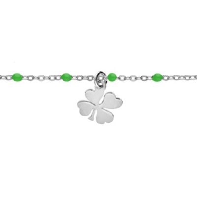 Bracelet en argent rhodié chaîne avec boules couleur verte et pampille trèfle 15+3cm