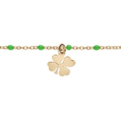 Bracelet en argent et dorure jaune chaîne avec boules couleur verte et pampille trèfle 15+3cm