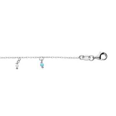 Bracelet en argent rhodié chaîne avec pampilles boules blanches et couleur turquoises 15+3cm