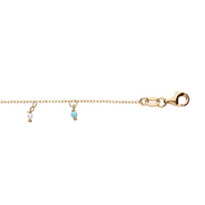 Bracelet en argent et dorure jaune chaîne avec pampilles boules blanches et couleur turquoises 15+3cm