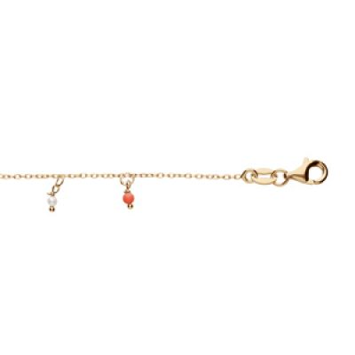 Bracelet en argent et dorure jaune chaîne avec pampilles boules blanches et rouges 15+3cm