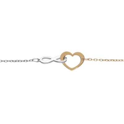 Bracelet en argent et dorure jaune chaîne avec coeur et infini entrelacé 16+3cm