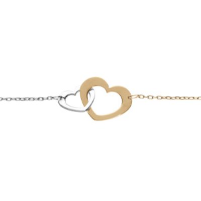 Bracelet en argent et dorure jaune chaîne avec double coeur 16+3cm
