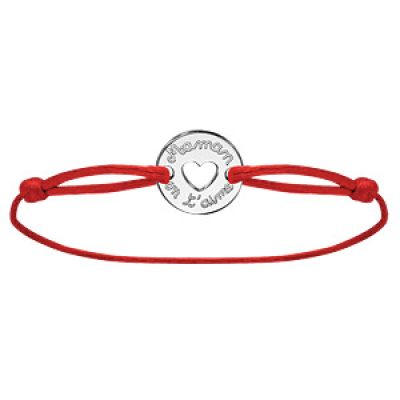 Bracelet en argent cordon rouge coulissant avec rondelle "Maman on t'aime" au milieu
