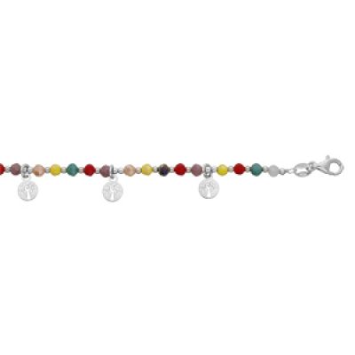 Bracelet en argent rhodié rangée de pierres facetées multi couleurs et pampilles arbre de vie 16+3cm