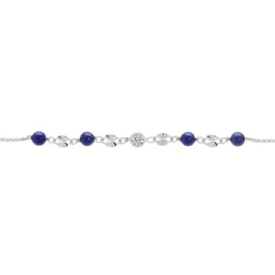 Bracelet en argent rhodié chaîne avec pastille diamantée et boule de verre bleu 16+3cm