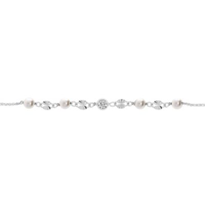 Bracelet en argent rhodié chaîne avec pastille diamantée et boule de verre blanche 16+3cm