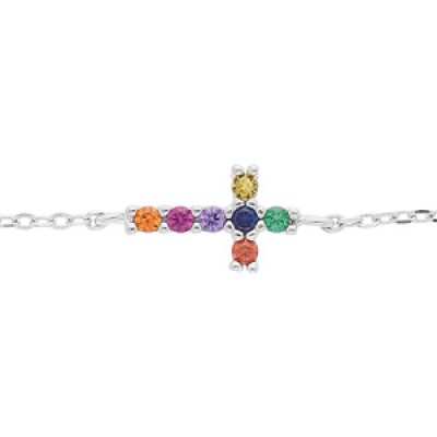 Bracelet en argent rhodié chaîne avec croix et pierres multi couleurs 16+3cm