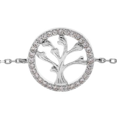 Bracelet en argent rhodié chaîne avec pastille arbre de vie et contour oxydes blancs sertis 16+3cm