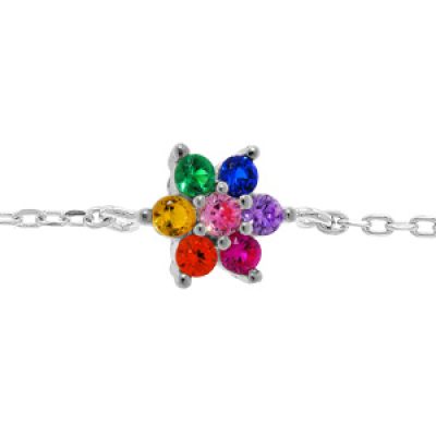 Bracelet en argent rhodié chaîne avec fleur pierres multi couleurs 16+3cm