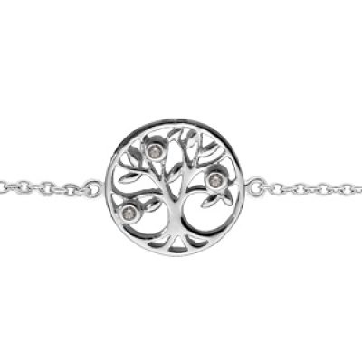 Bracelet en argent rhodié chaîne avec pastille arbre de vie et 3 oxydes blancs sertis 15