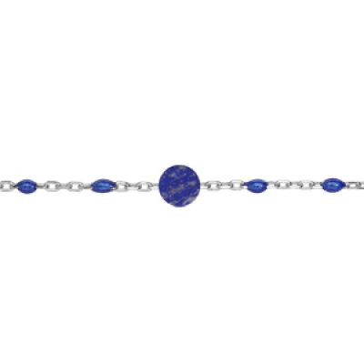 Bracelet en argent rhodié chaîne avec perles bleues foncé et pierre Lapis Lazuli véritable 16+3cm