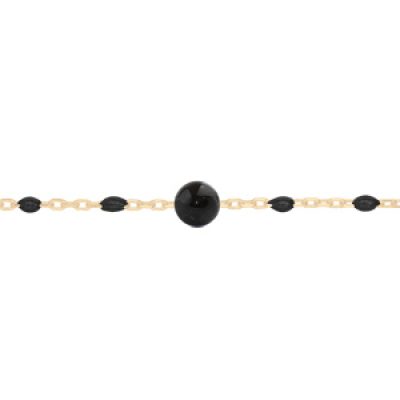 Bracelet en argent et dorure jaune chaîne avec perles noires et pierre Agate noire véritable 16+3cm