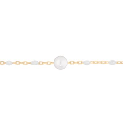 Bracelet en argent et dorure jaune chaîne avec perles blanches et pierre de lune véritable 16+3cm
