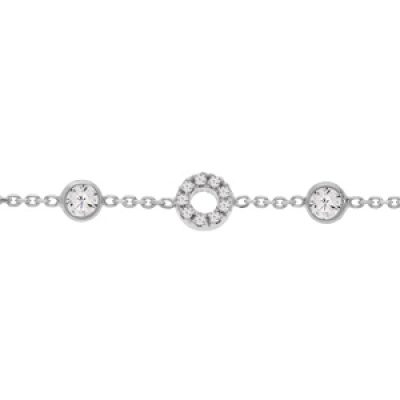 Bracelet en argent rhodié chaîne avec cercle pavé d'oxydes blancs sertis et 6 oxydes en chute blancs sertis 16+3cm