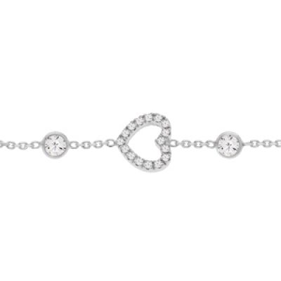 Bracelet en argent rhodié chaîne avec coeur oxydes blancs sertis et 6 oxydes en chute blancs sertis 16+3cm