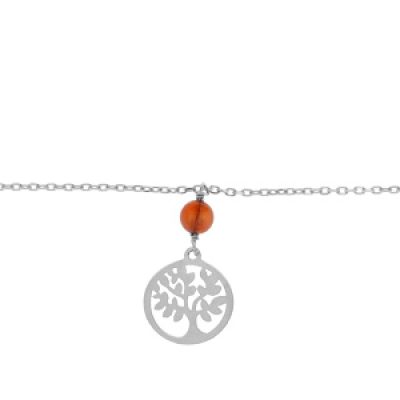 Bracelet en argent rhodié chaîne avec boule Ambre véritable et arbre de vie 16+3cm