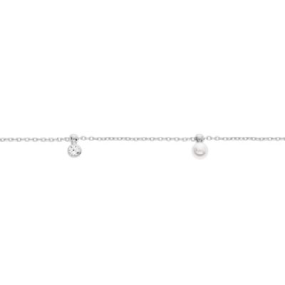 Bracelet en argent rhodié chaîne avec perles blanches de synthèse et oxydes blancs sertis 16+3cm