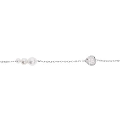 Bracelet en argent rhodié chaîne avec perles blanches de synthèse et coeur oxydes blancs sertis 16+3cm