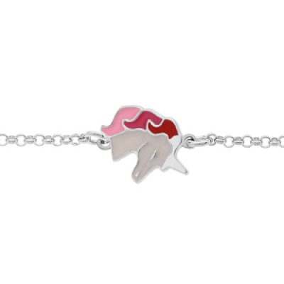 Bracelet en argent rhodié chaîne avec licorne blanche et rose 13+3cm
