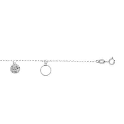 Bracelet en argent rhodié chaîne avec pampilles rondelles évidées et pastilles diamantées 16+3cm