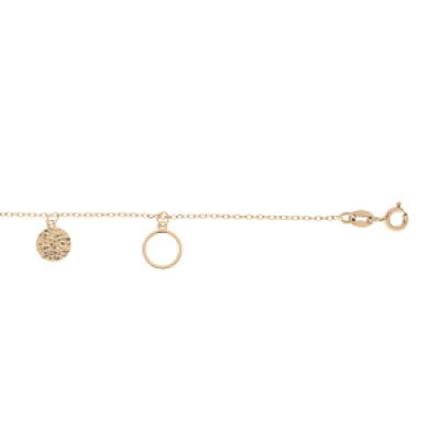 Bracelet en argent et dorure jaune chaîne avec pampilles rondelles évidées et pastilles diamantées 16+3cm
