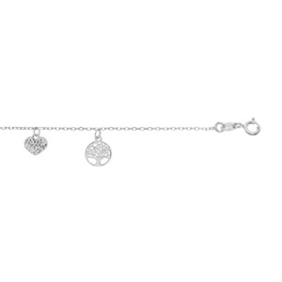 Bracelet en argent rhodié chaîne avec pampilles martelées coeur et arbre de vie 16+3cm