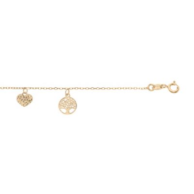 Bracelet en argent et dorure jaune chaîne avec pampilles coeur et arbre de vie 16+3cm