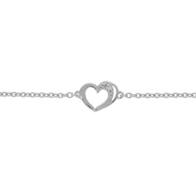 Bracelet en argent platiné chaîne avec coeur oxydes blancs sertis 15+3cm