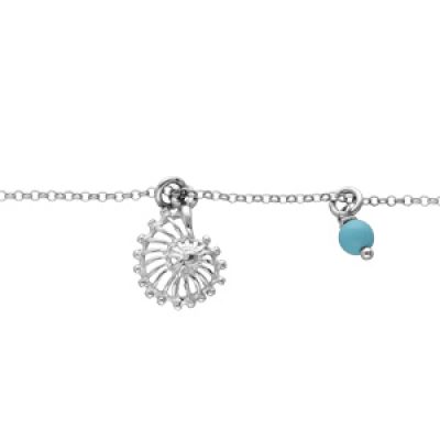 Bracelet en argent rhodié chaîne avec pampille coquillage et perle couleur truquoise 16+3cm