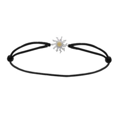 Bracelet en argent rhodié cordon noir réglable avec Eguzkilore la fleur-soleil