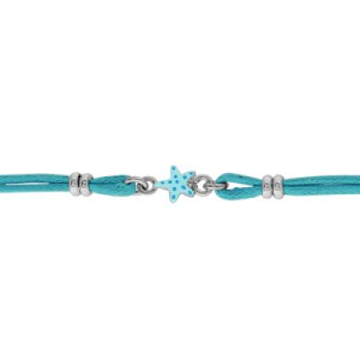 Bracelet pour enfant en argent rhodié cordon doublé bleu avec étoile de mer bleue au milieu - longueur 14cm + 2cm de rallonge