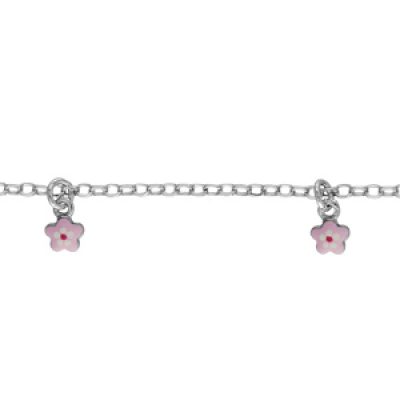 Bracelet pour enfant en argent rhodié chaîne avec 3 pampilles petites fleurs roses - longueur 14cm + 2cm de rallonge