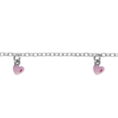 Bracelet pour enfant en argent rhodié chaîne avec 3 pampilles coeurs roses - longueur 14cm + 2cm de rallonge