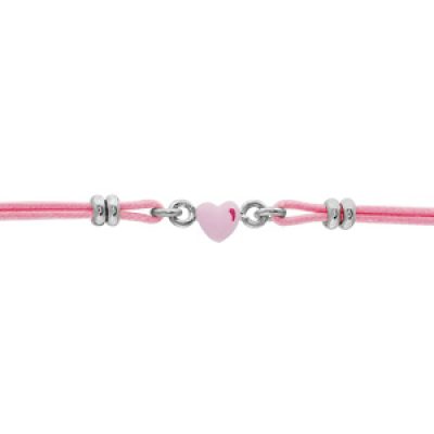 Bracelet pour enfant en argent rhodié cordon doublé rose avec coeur rose au milieu - longueur 14cm + 2cm de rallonge