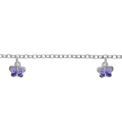 Bracelet pour enfant en argent rhodié chaîne avec 3 pampilles papillons mauves - longueur 14cm + 2cm de rallonge