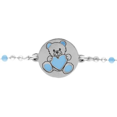 Bracelet en argent rhodié chaîne boules avec rondelle motif ourson bleu 13+3cm