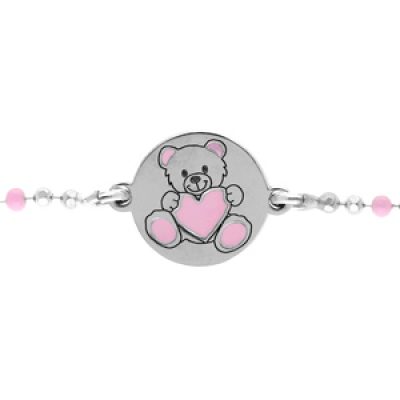 Bracelet en argent rhodié chaîne boules avec rondelle motif ourson rose 13+3cm